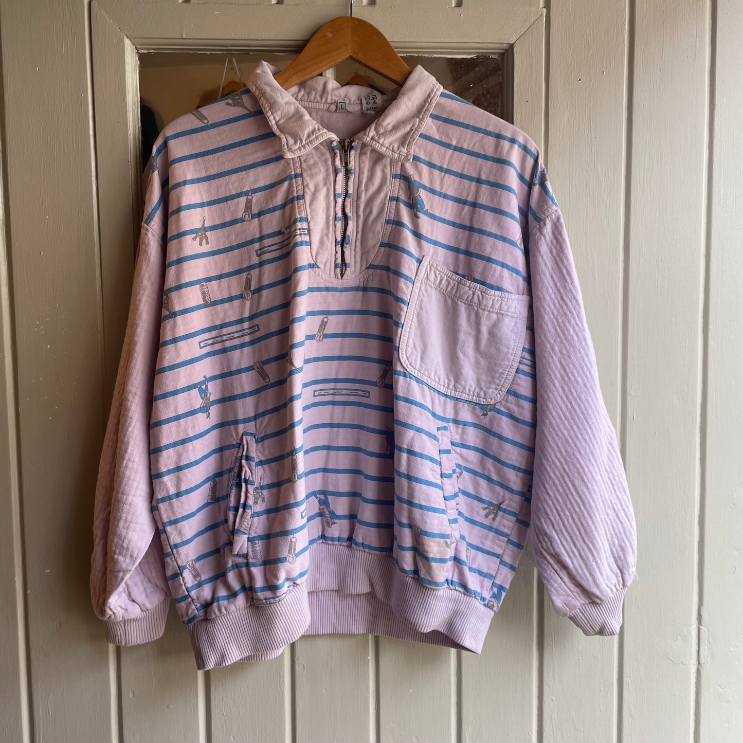 1980s Pink Stripe 1/4 Zip Detail Design Sweatshirt Jumper