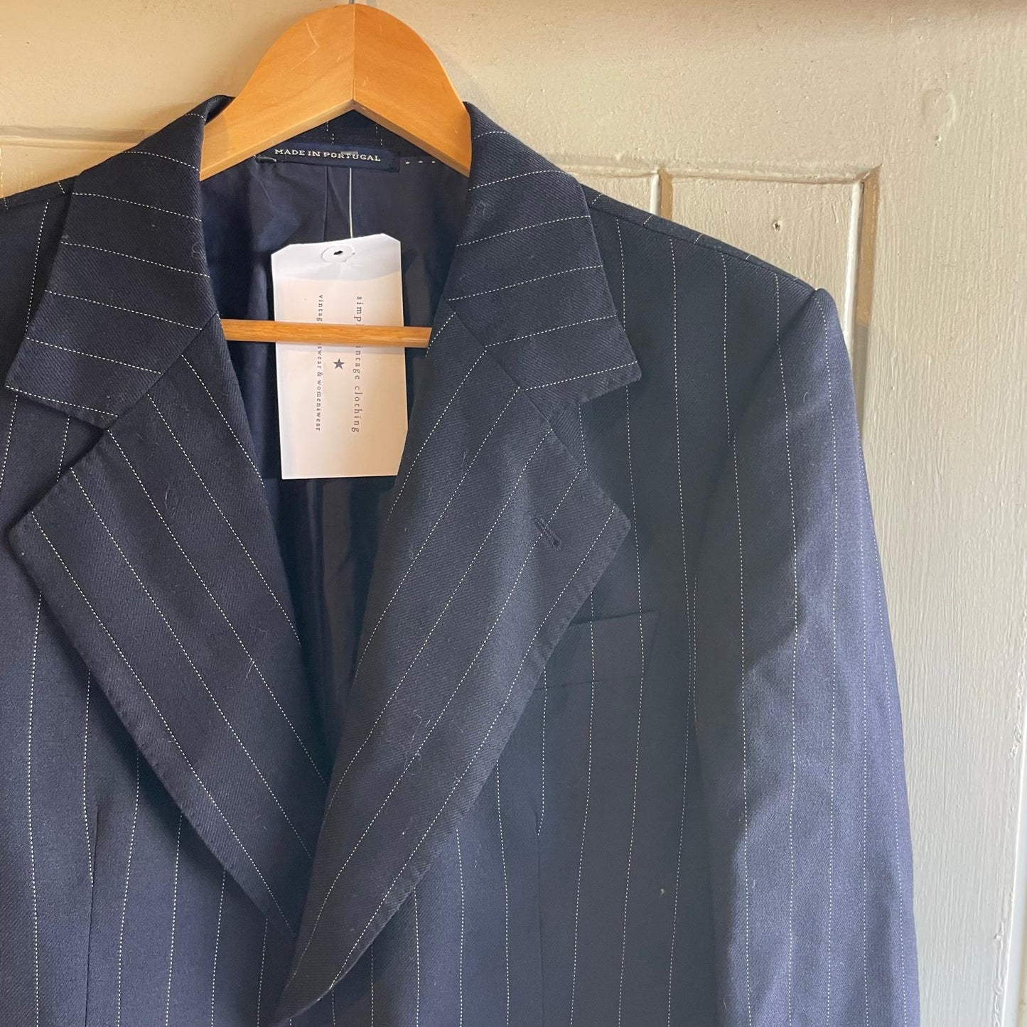 Vintage 70s/80s Navy Wool Button Pin Stripe Two Piece Suit