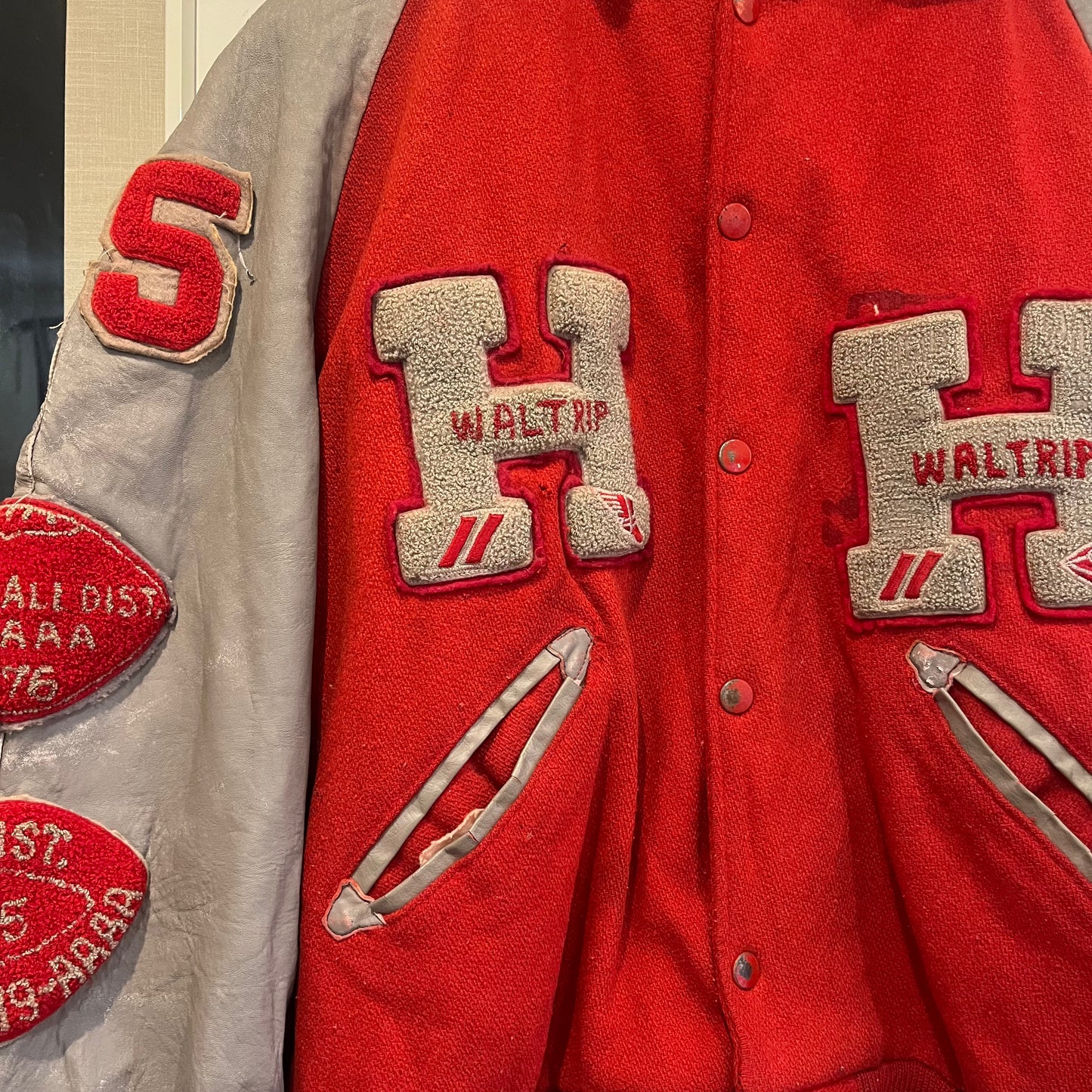 1970s Red and Grey Leather Varsity College Bomber Jacket