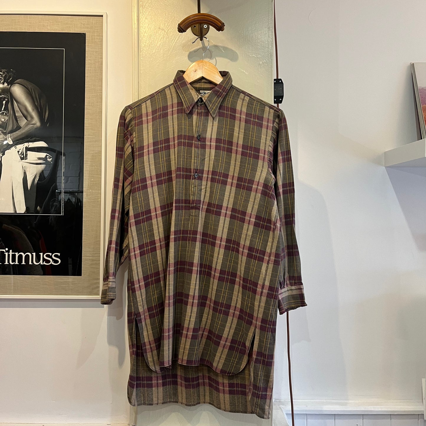 1970s French Checkered Button Up Smock Shirt