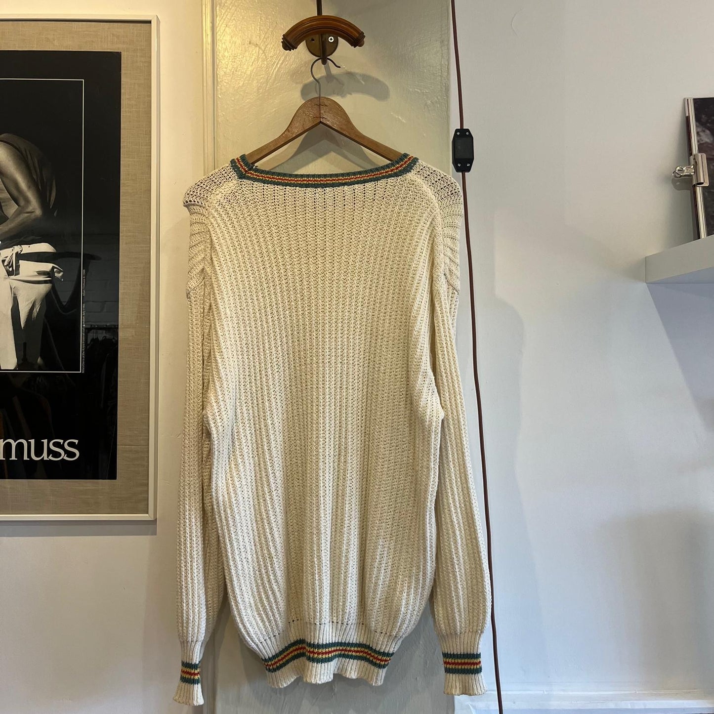1970s 1980s Cream Fred Perry Knitted Jumper with Detailed Neck