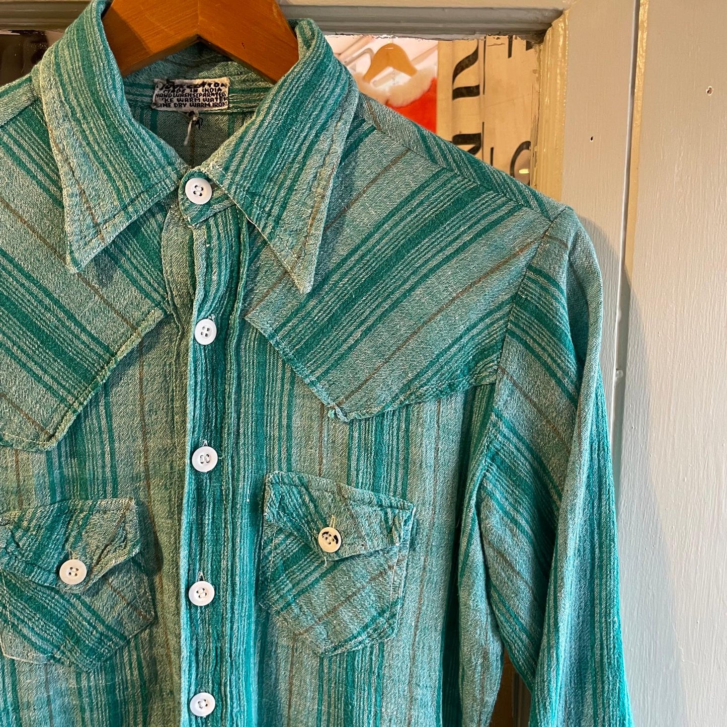 1970s Turquoise Indian Cotton Cheesecloth Patterned Button Shirt