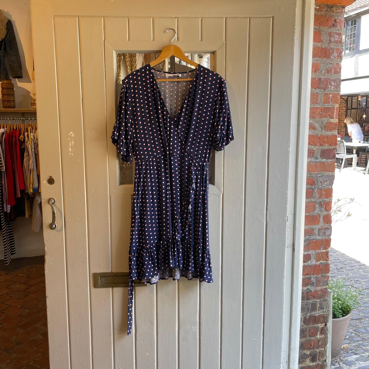Navy Polka Dot Silk Belted Dress