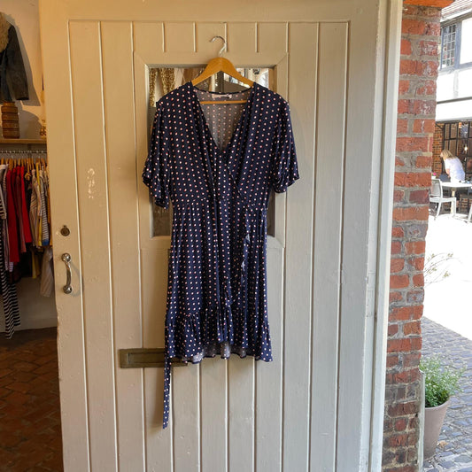 Navy Polka Dot Silk Belted Dress