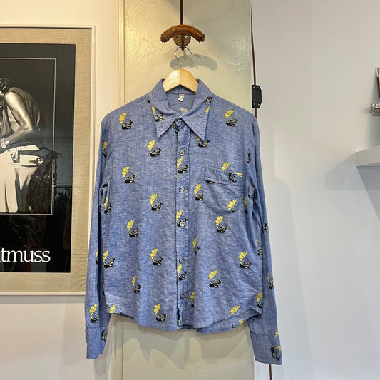 1970s Light Blue Patterned Button Up Shirt