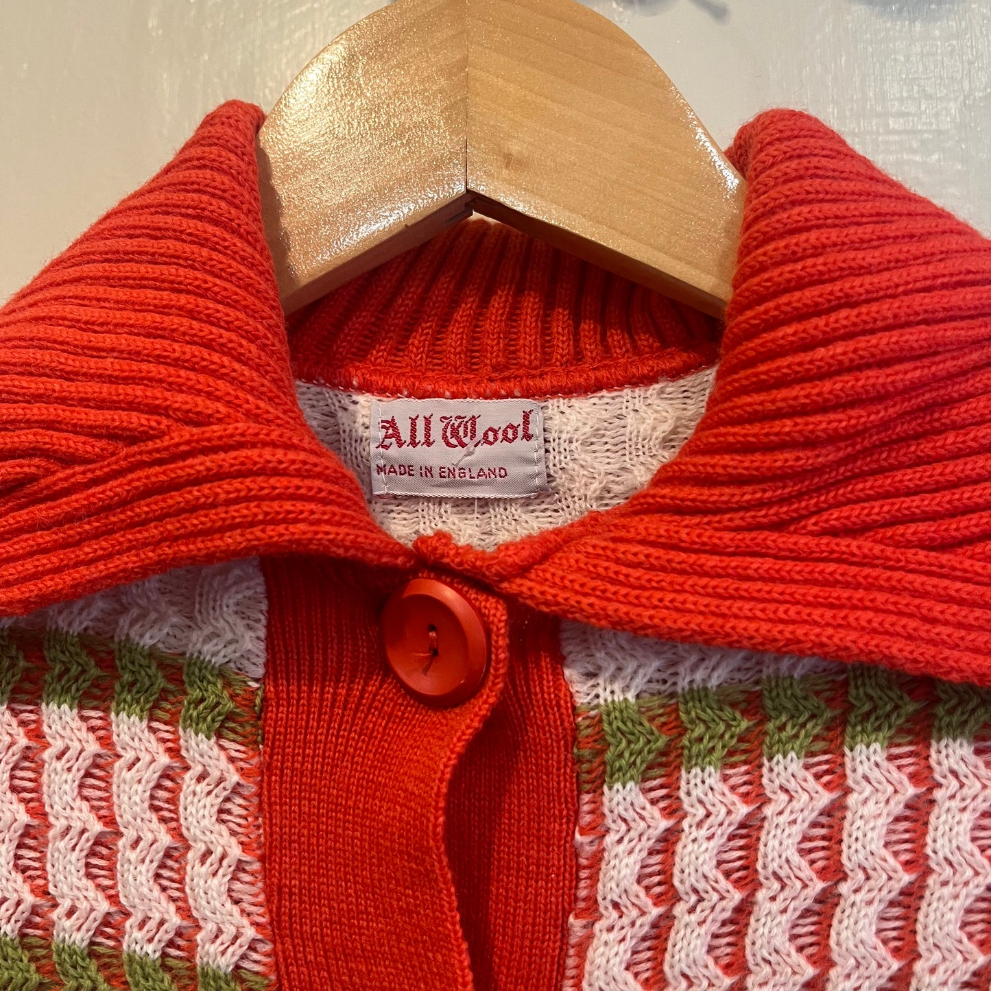 1960s Orange Knitted Wool Patterned Cardigan Jumper