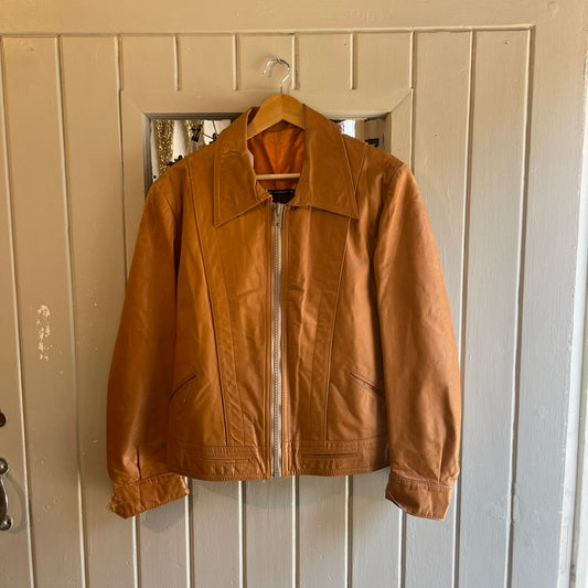 Vintage 70s/80s Tan Leather Zip Up Cropped Jacket