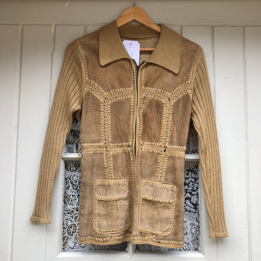 1970s Italian Suede Patchwork Zip Up Knitted Jacket