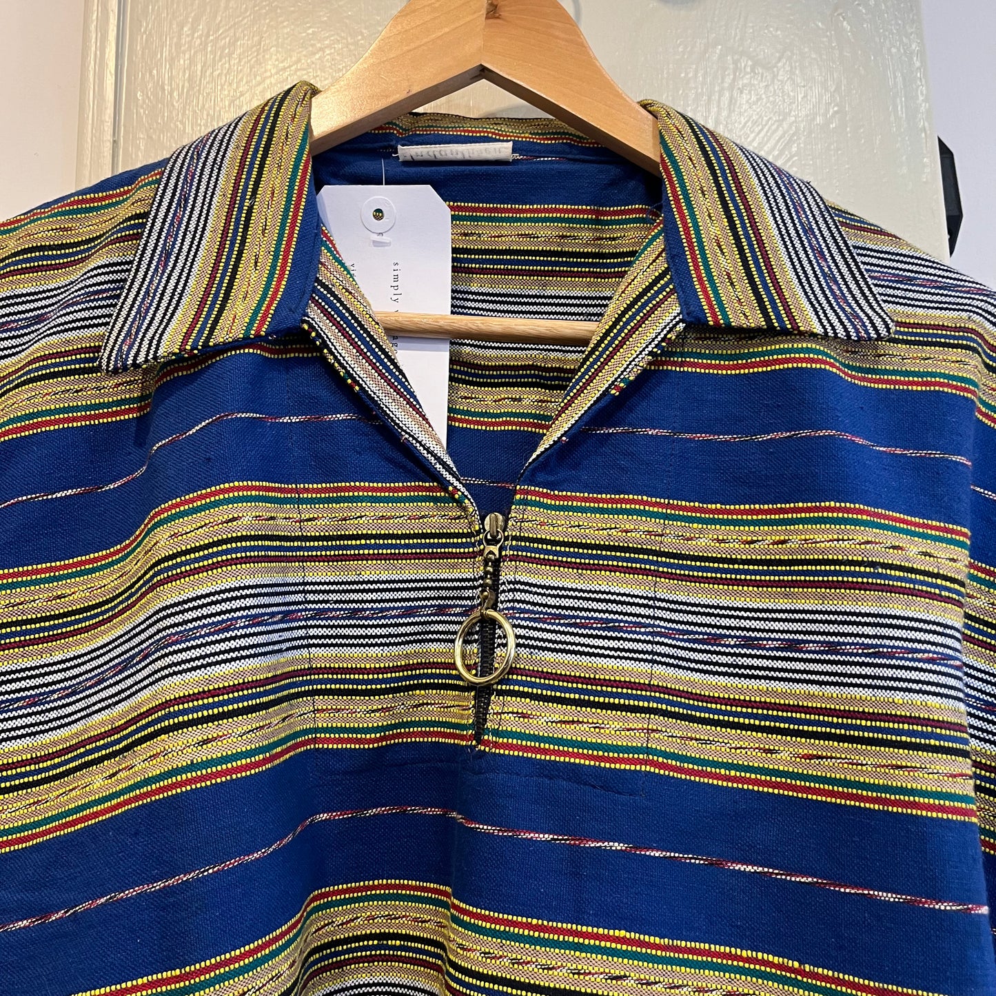 1970s Greek Cotton Striped Smock Zip Shirt