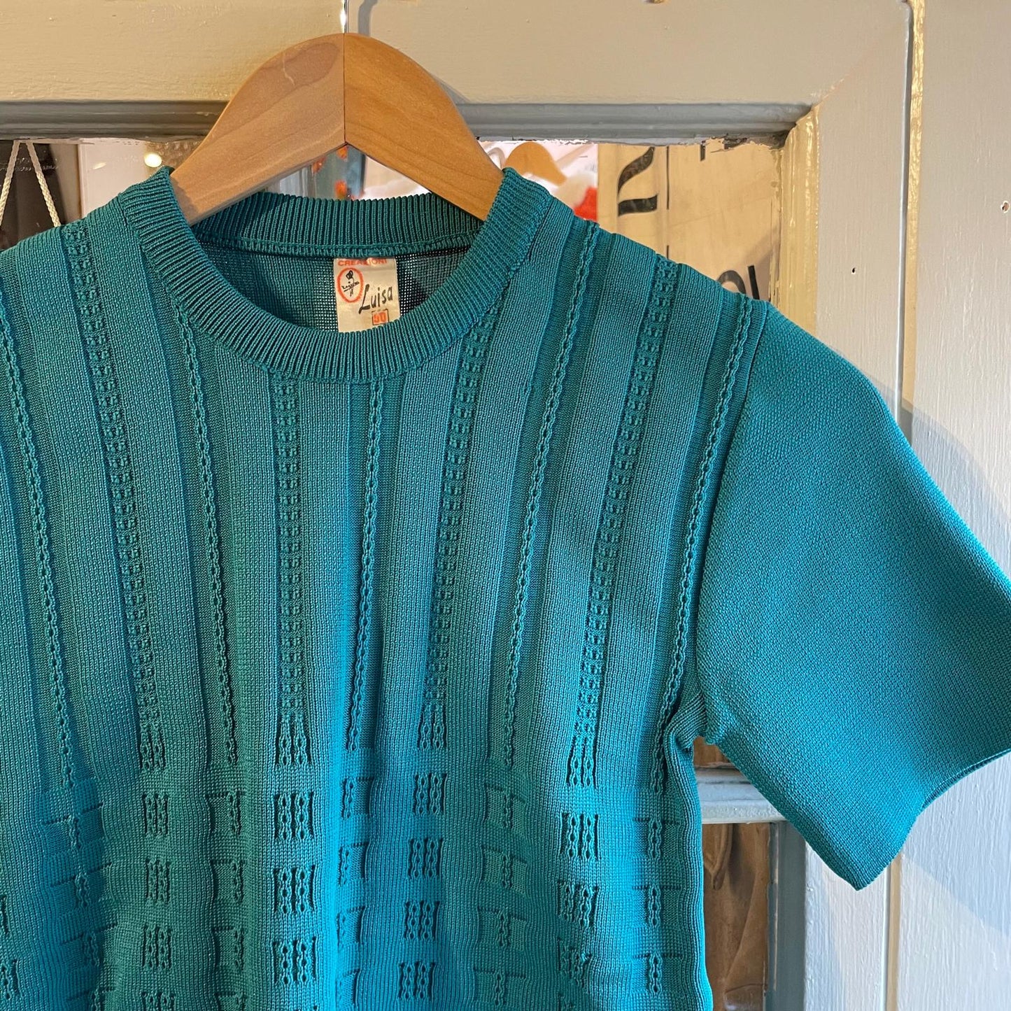 1970s Turquoise Green Short Sleeved Knitted Jumper