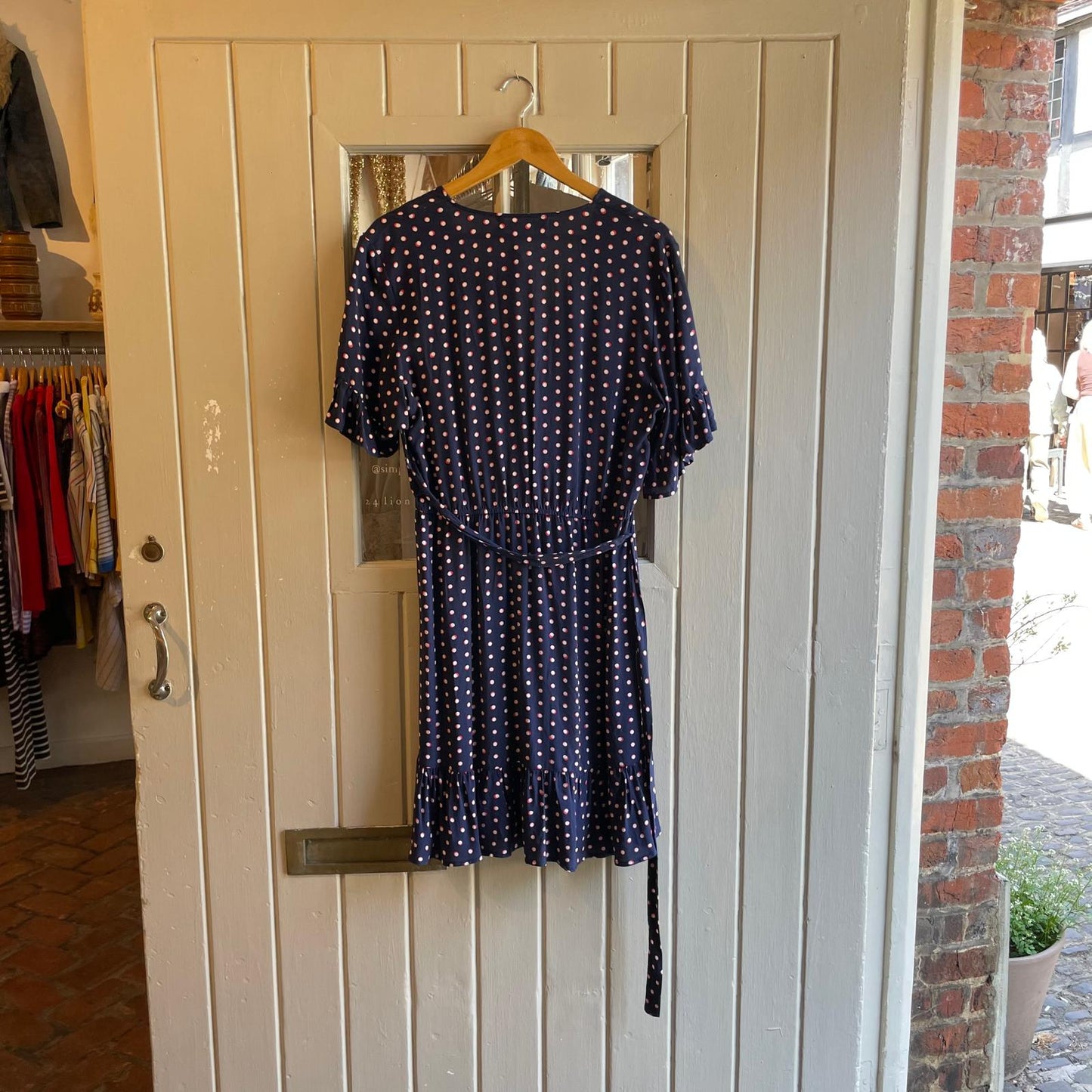 Navy Polka Dot Silk Belted Dress