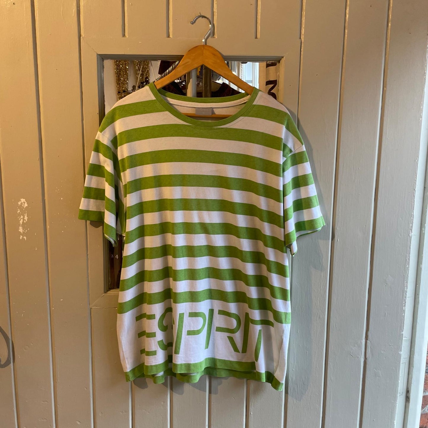 1980s Green and White Espirit Striped T-shirt