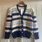 1970s White and Blue Hand Knitted Cardigan Jumper
