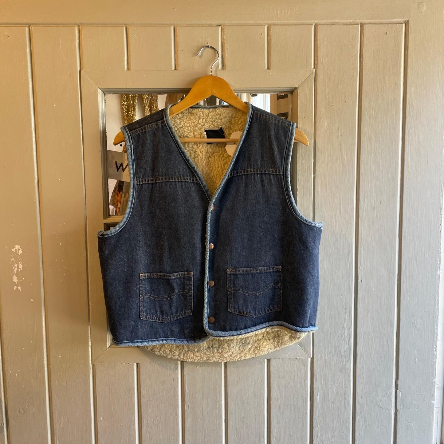 1970s Navy Denim Sheepskin Lined Vest Gilet