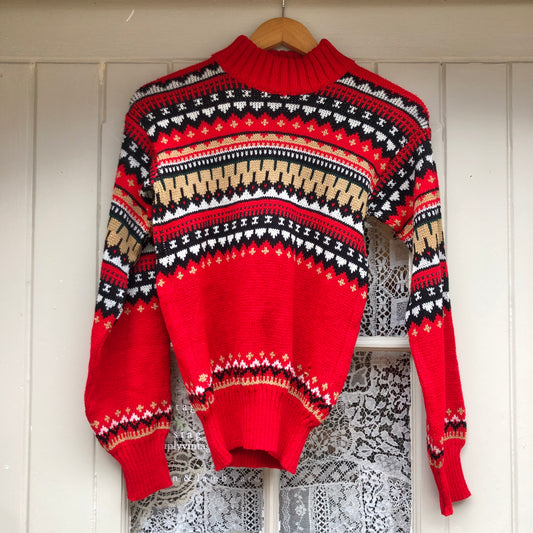 1960s Red Patterned Knitted Jumper