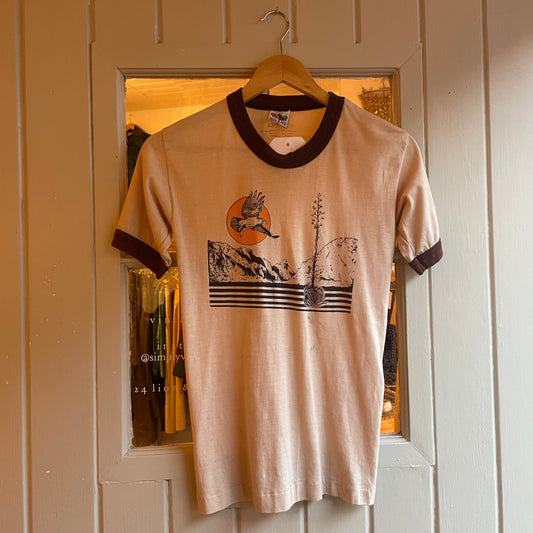 1970s Beige Brown Nature Graphic Ringer T-shirt