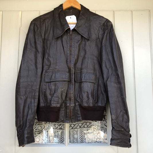 1970s Dark Brown Leather Bomber Jacket