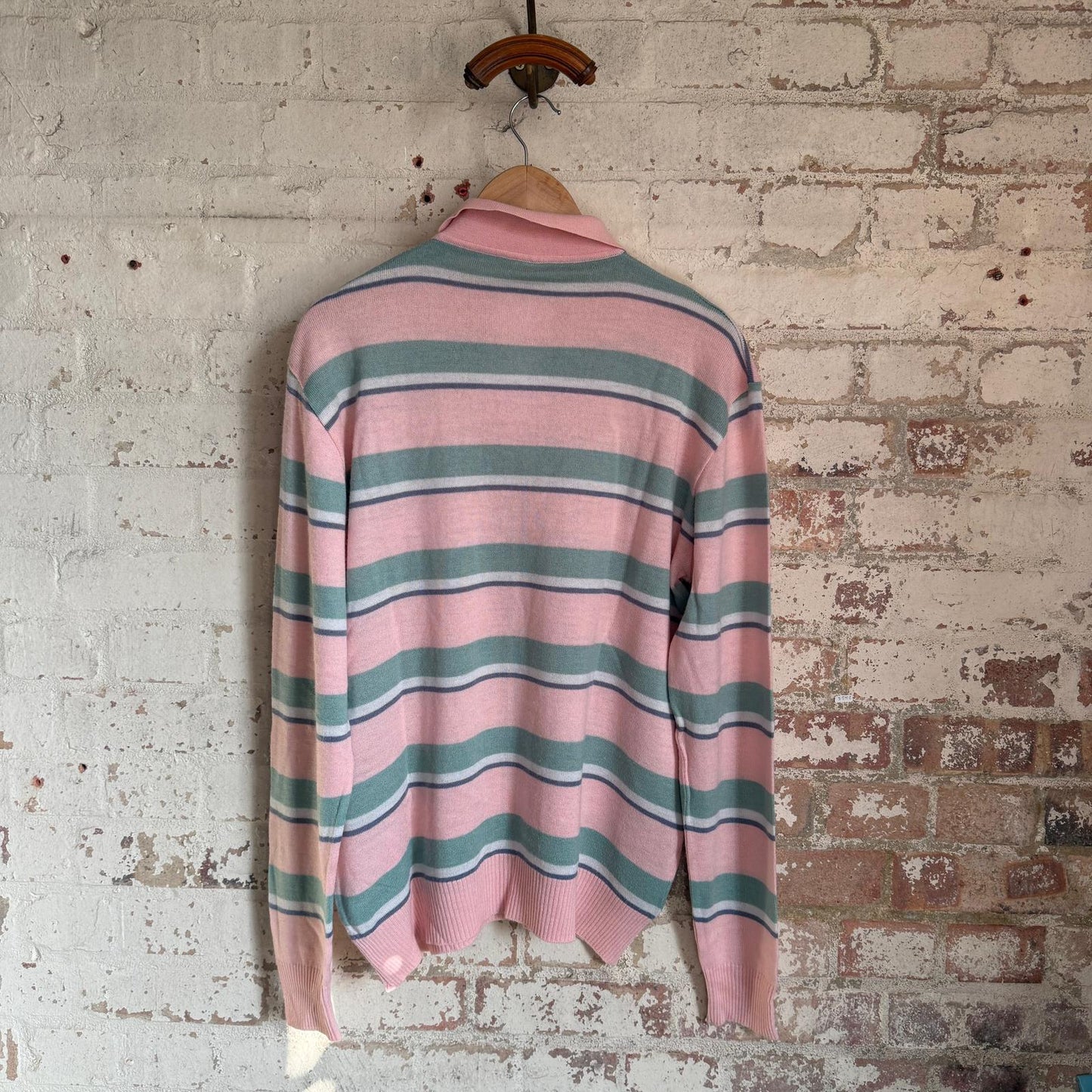 1980s Pink and Green Striped Polo Shirt Long Sleeve