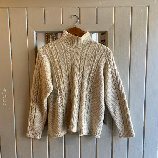 1980s Cream Wool Mock Neck Knitted Arran Jumper