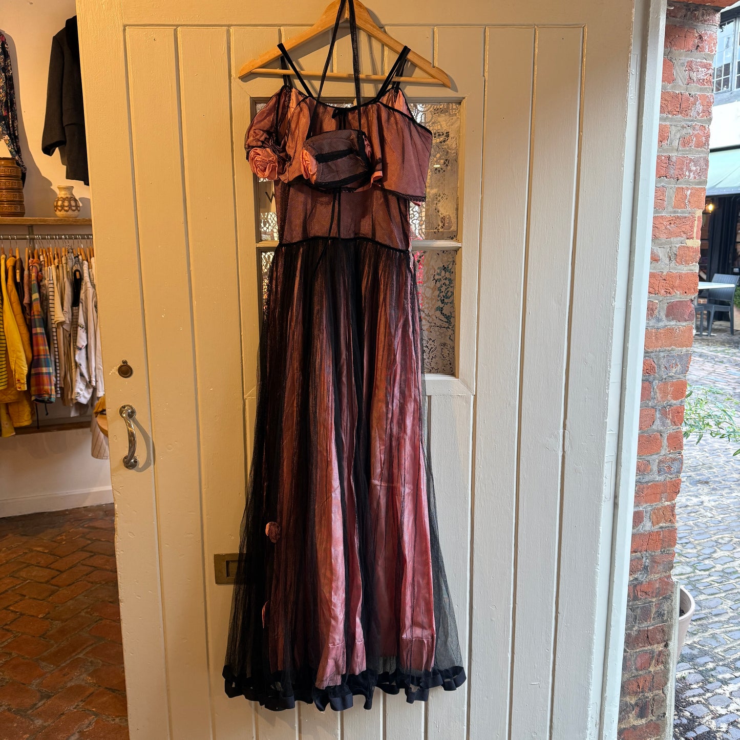 1930s 1940s Pink Netting Evening Dress with bag