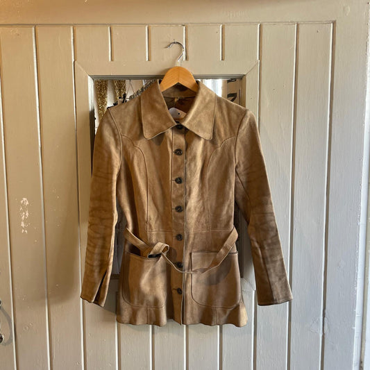 1960s 1970s Beige Suede Leather Belted Jacket