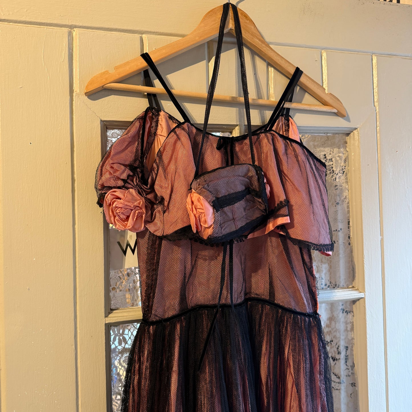 1930s 1940s Pink Netting Evening Dress with bag