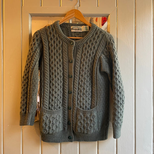 1980s Khaki Green Wool Arran Knitted Cardigan Jumper