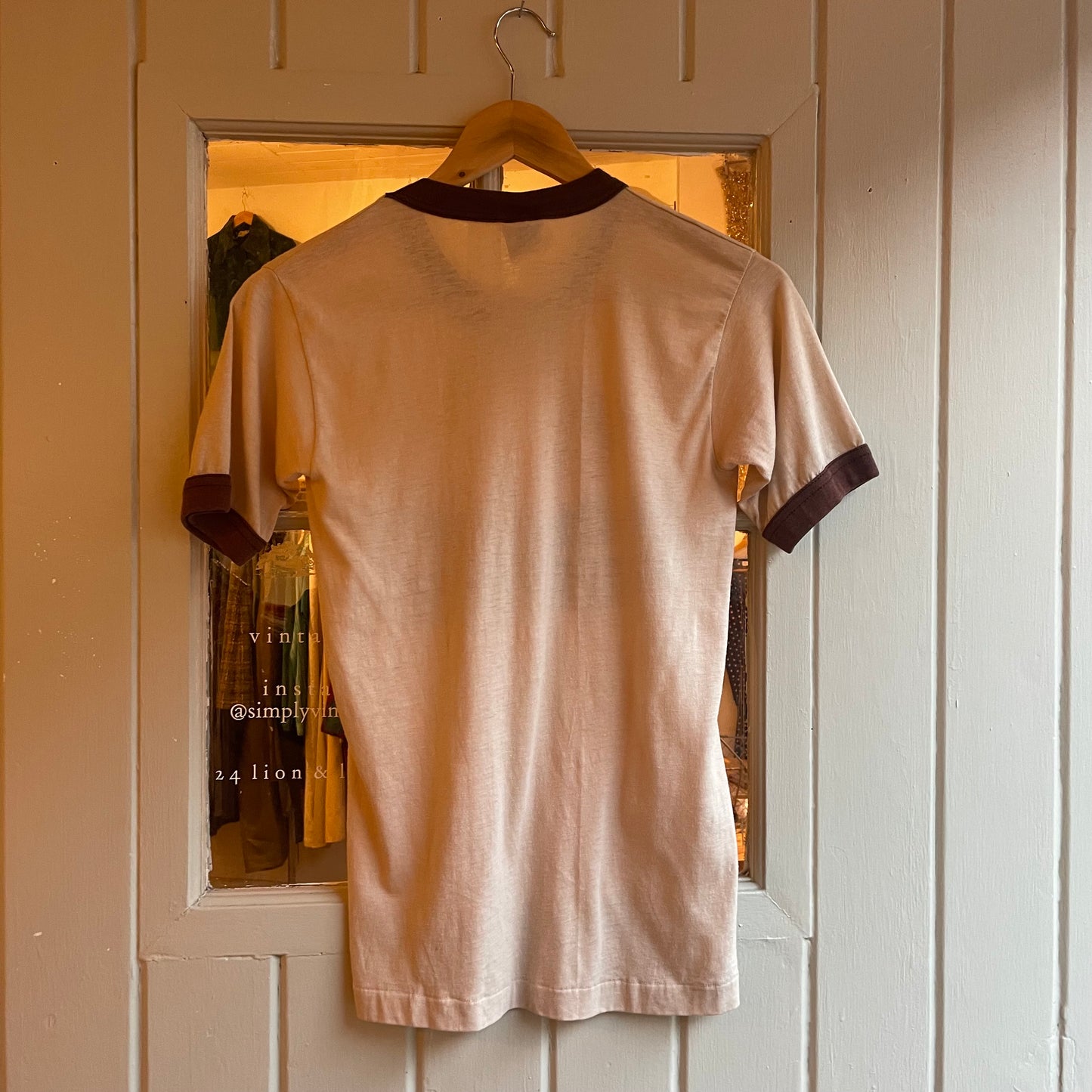 1970s Beige Brown Nature Graphic Ringer T-shirt