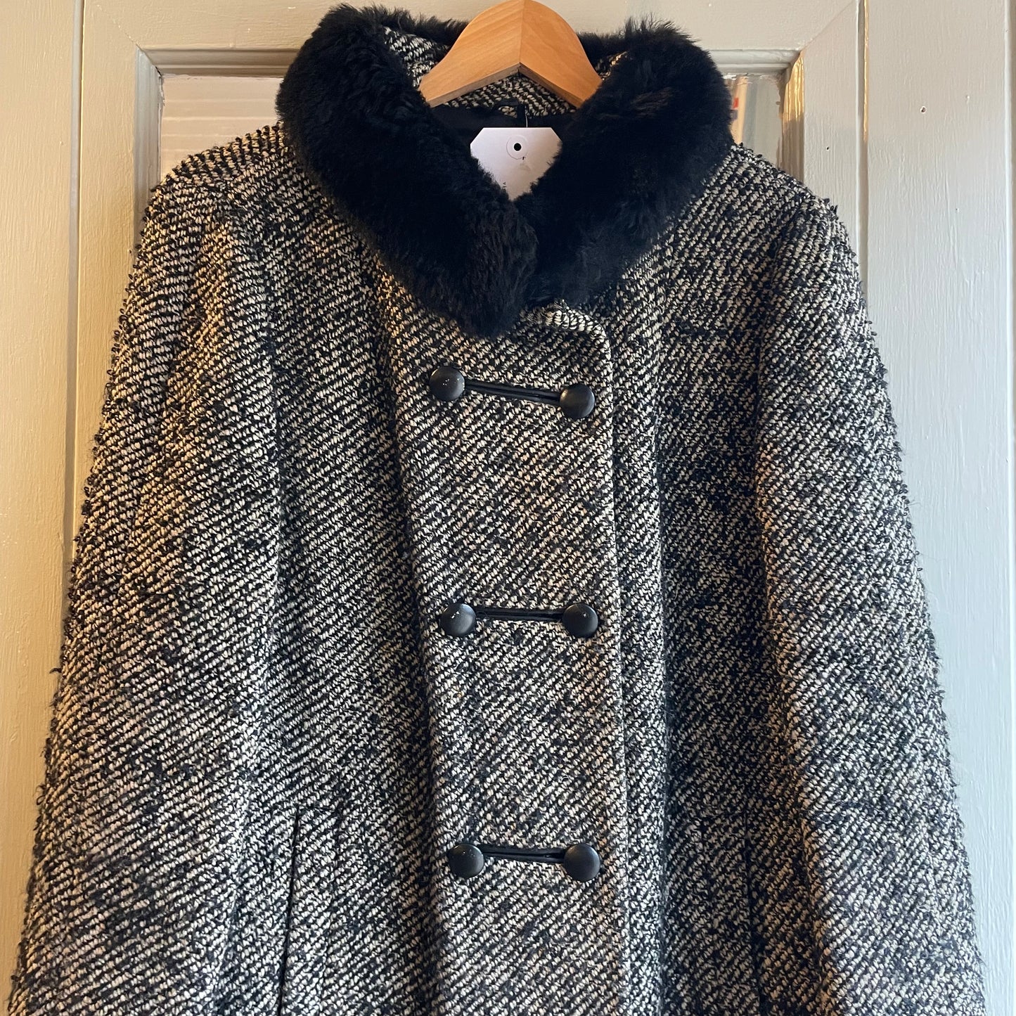 1960s Black and White Wool Long Double Breasted Coat