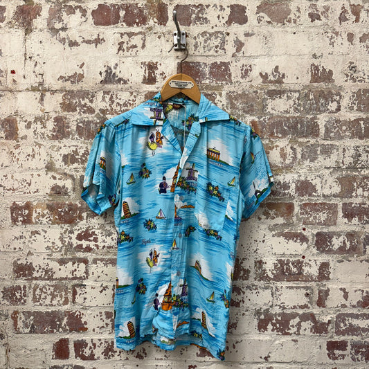 1970s Blue Hawaii Graphic Button Shirt