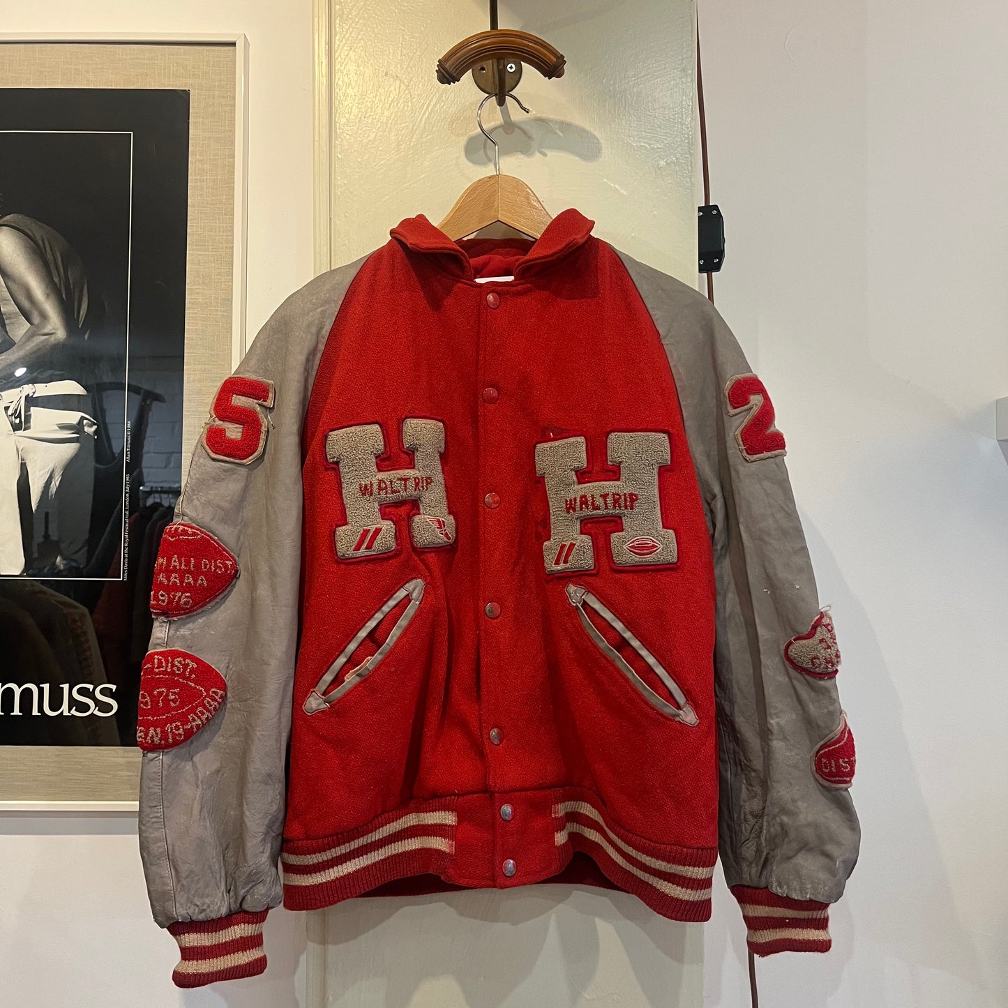 1970s Red and Grey Leather Varsity College Bomber Jacket