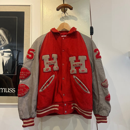 1970s Red and Grey Leather Varsity College Bomber Jacket