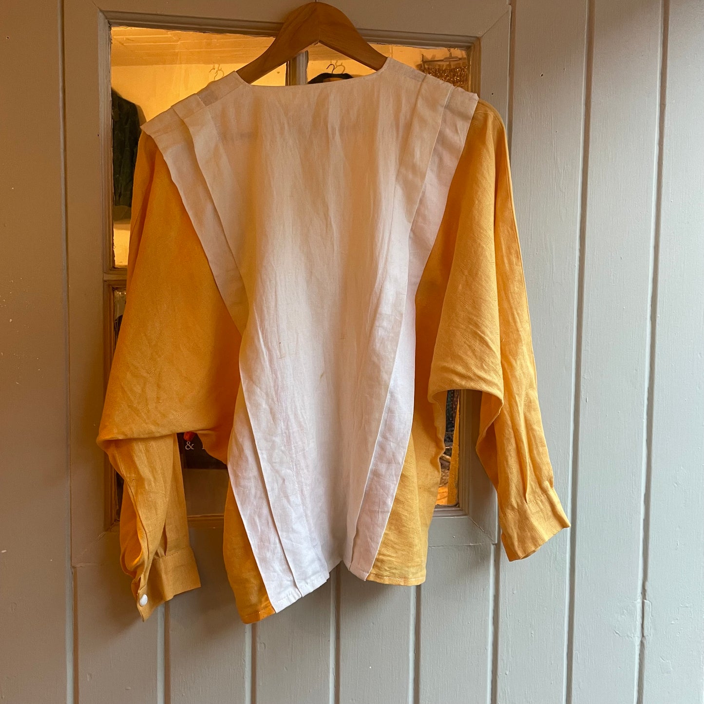 1980s White and Yellow Linen Button Blouse