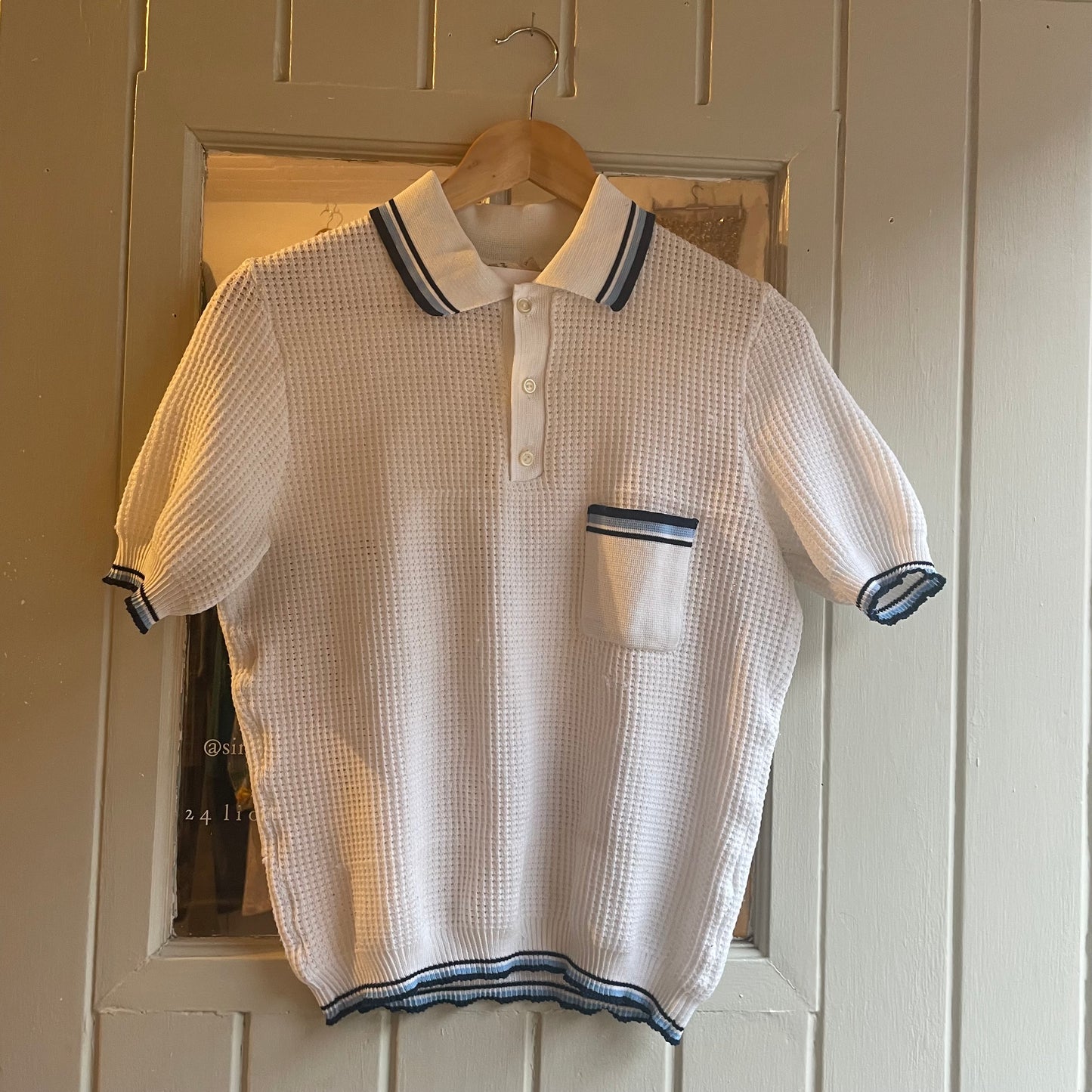 1970s White Netting Waffle Polo Shirt Top