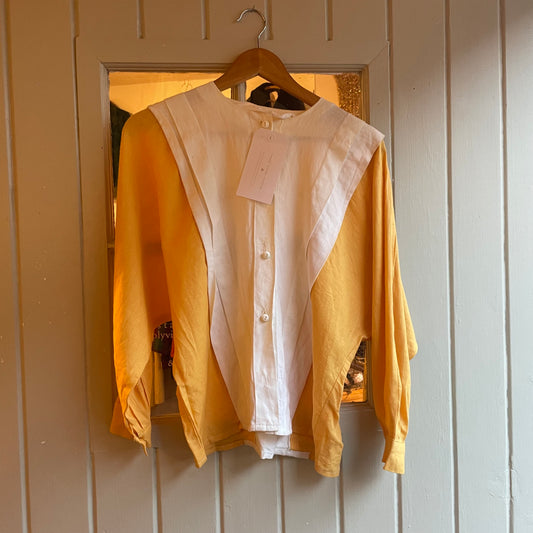 1980s White and Yellow Linen Button Blouse