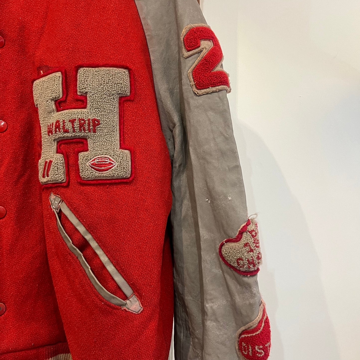 1970s Red and Grey Leather Varsity College Bomber Jacket