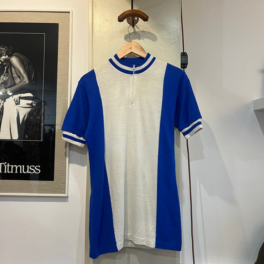 1970s White and Blue Cycling Zip Up Shirt