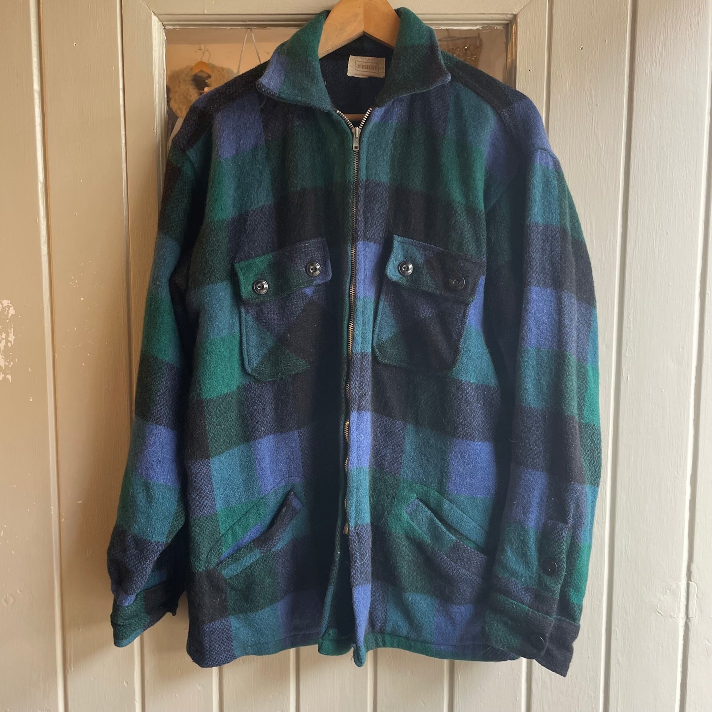 1940s Turquoise Wool Checkered Zip Jacket