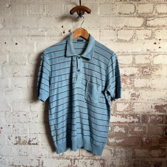 1960s Blue Striped Towelling Italian Polo Shirt