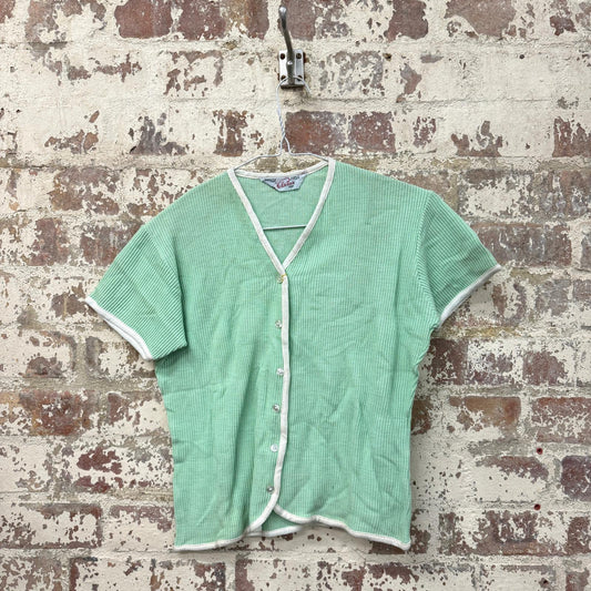 1960s Mint Green Knitted Cotton Button Top