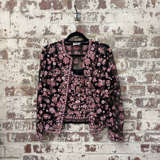 1990s Caroline Charles Floral Lace Two Piece Jacket and Blouse
