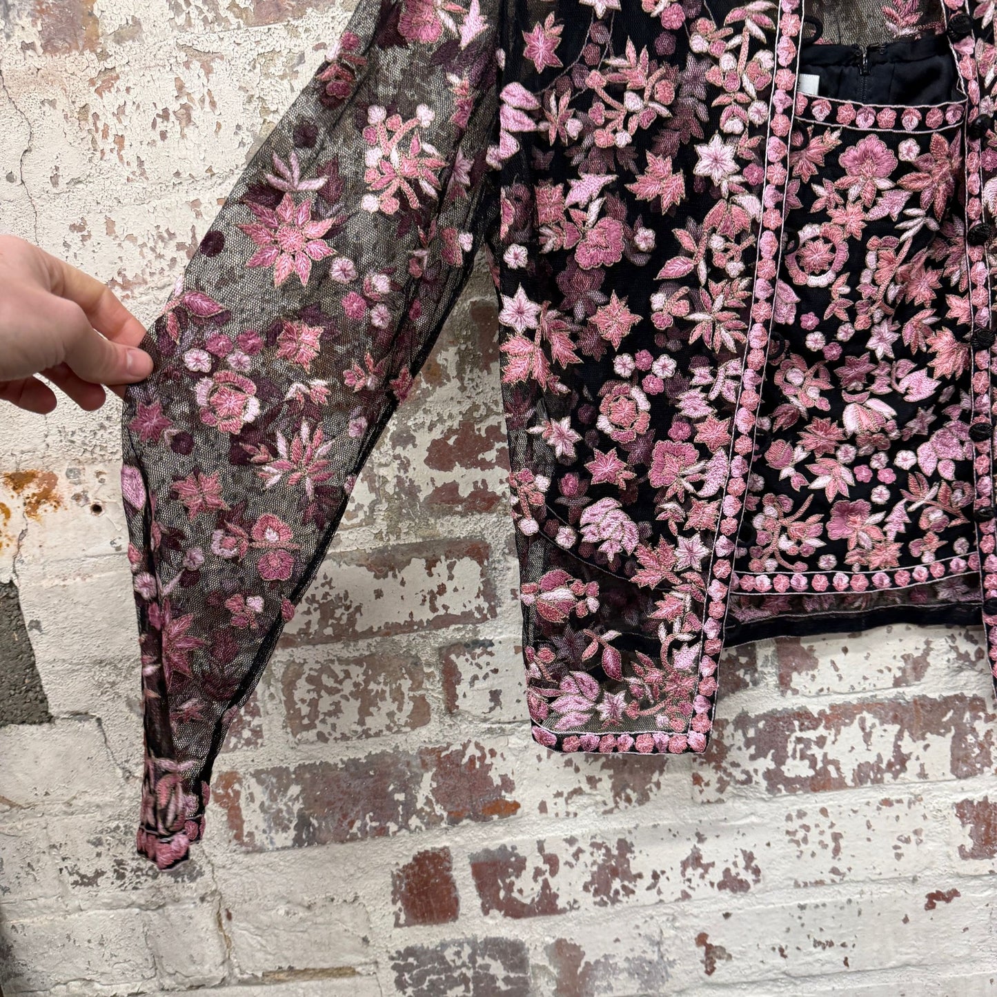 1990s Caroline Charles Floral Lace Two Piece Jacket and Blouse