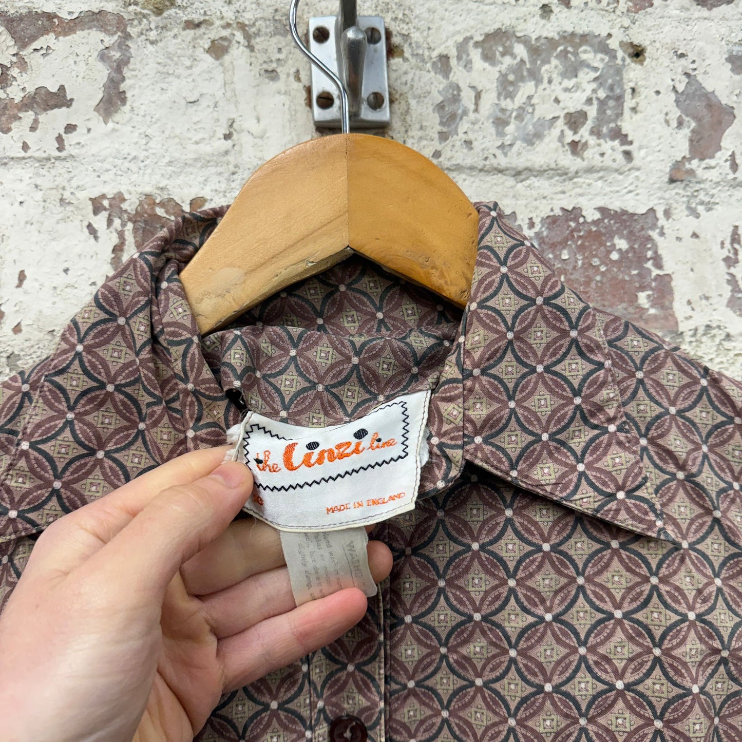 1970s Brown Patterned Long Dress Shirt