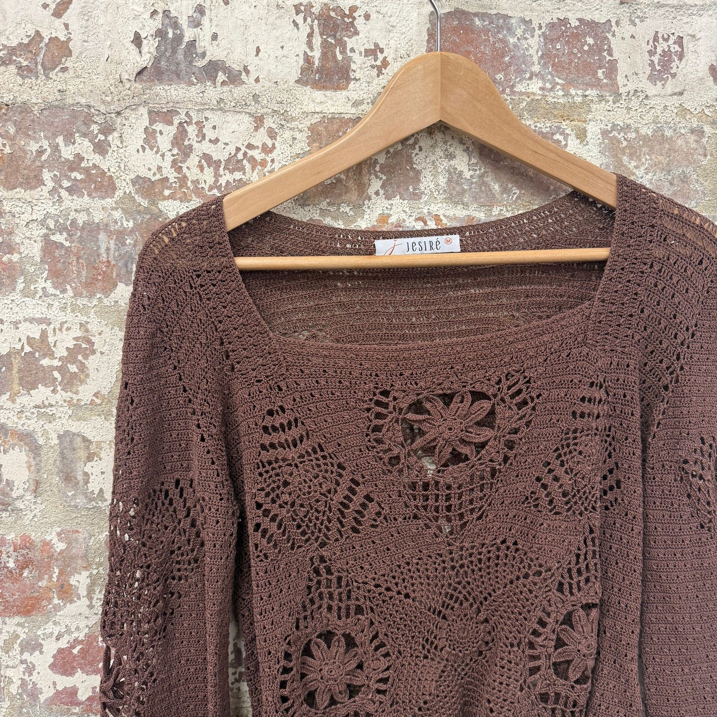 1990s Brown Knitted Crochet Blouse Jumper