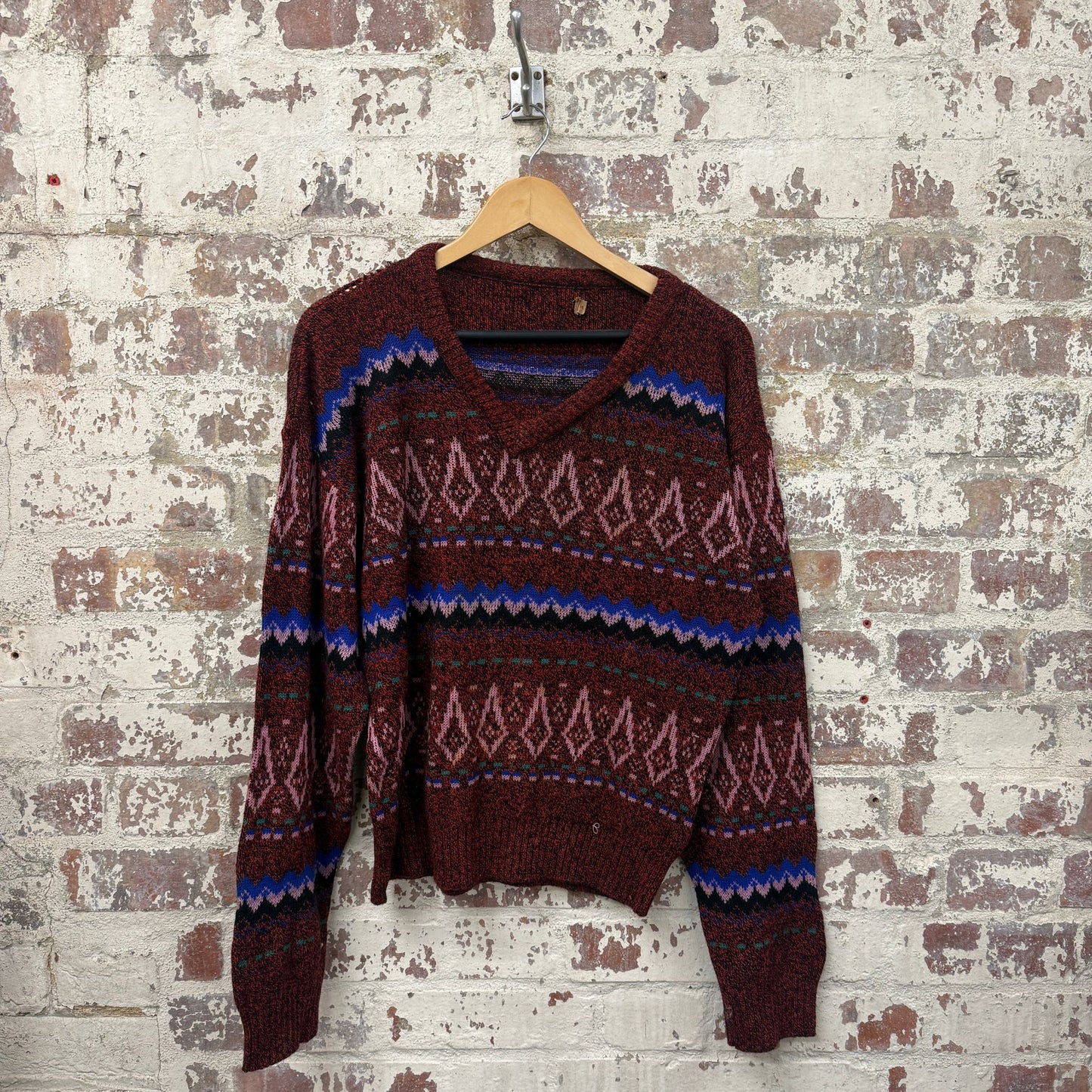 1960s Red Wool Patterned Knitted Jumper