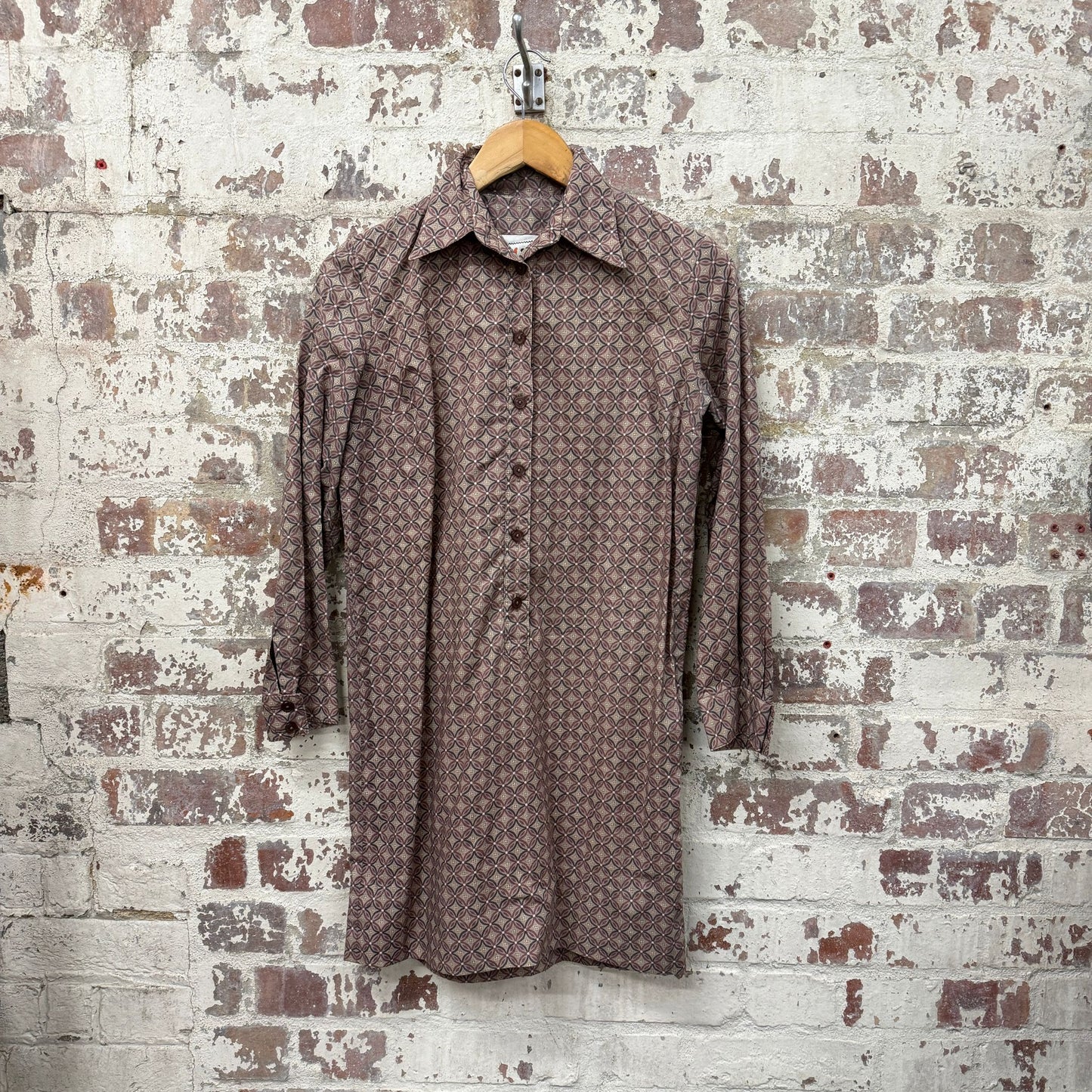1970s Brown Patterned Long Dress Shirt