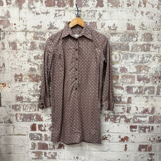 1970s Brown Patterned Long Dress Shirt