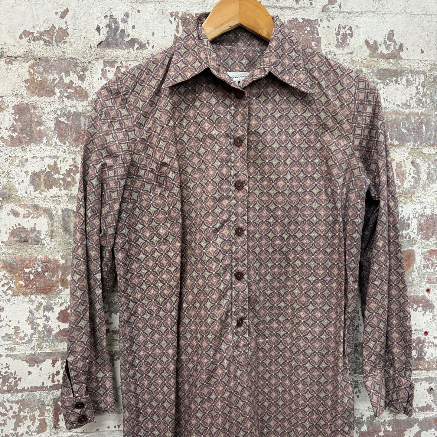 1970s Brown Patterned Long Dress Shirt