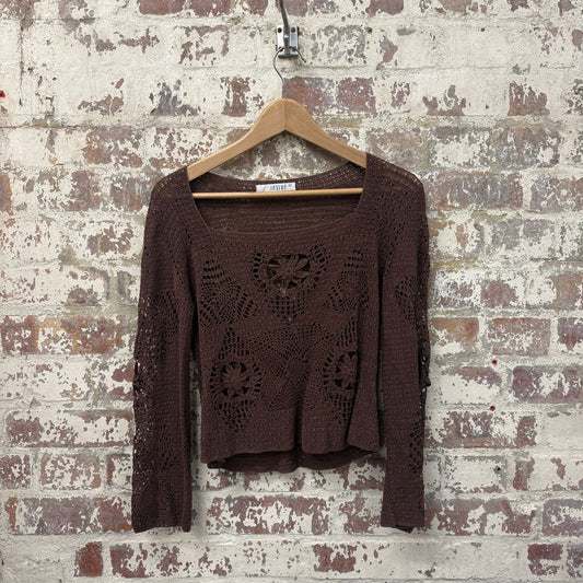 1990s Brown Knitted Crochet Blouse Jumper