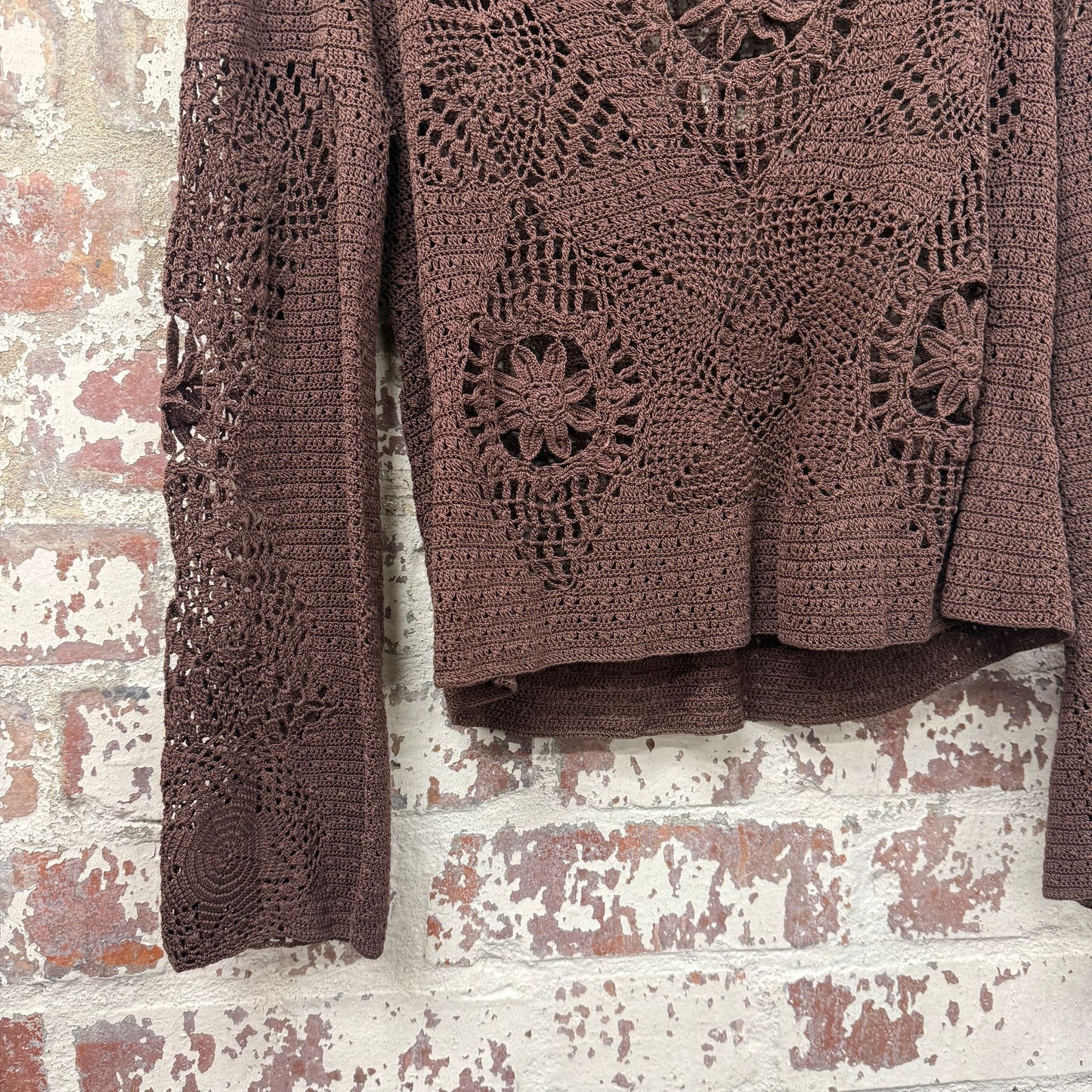 1990s Brown Knitted Crochet Blouse Jumper